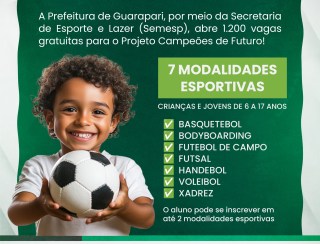 1200 vagas gratuitas em modalidades esportivas para crianças e jovens de Guarapari 