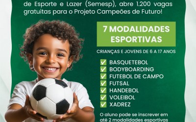 1200 vagas gratuitas em modalidades esportivas para crianças e jovens de Guarapari 